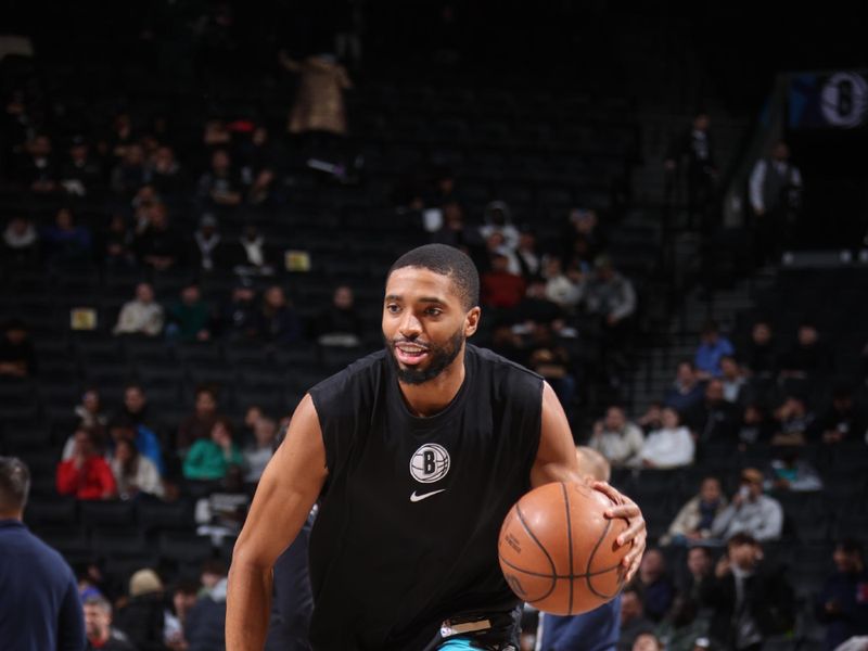 BROOKLYN, NY - APRIL 3: Mikal Bridges #1 of the Brooklyn Nets warms up before the game against the Indiana Pacers on April 3, 2024 at Barclays Center in Brooklyn, New York. NOTE TO USER: User expressly acknowledges and agrees that, by downloading and or using this Photograph, user is consenting to the terms and conditions of the Getty Images License Agreement. Mandatory Copyright Notice: Copyright 2024 NBAE (Photo by Nathaniel S. Butler/NBAE via Getty Images)