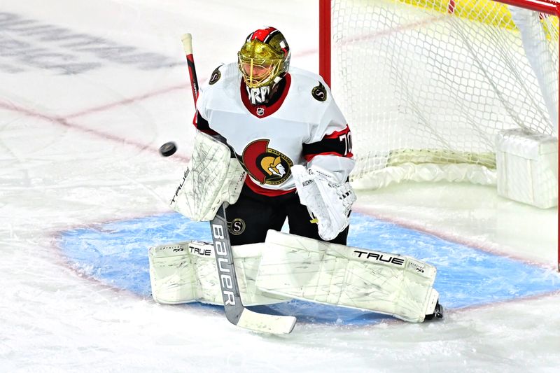 Dec 19, 2023; Tempe, Arizona, USA; Ottawa Senators goaltender Joonas Korpisalo (70) defends in the first period against the Arizona Coyotes at Mullett Arena. Mandatory Credit: Matt Kartozian-USA TODAY Sports