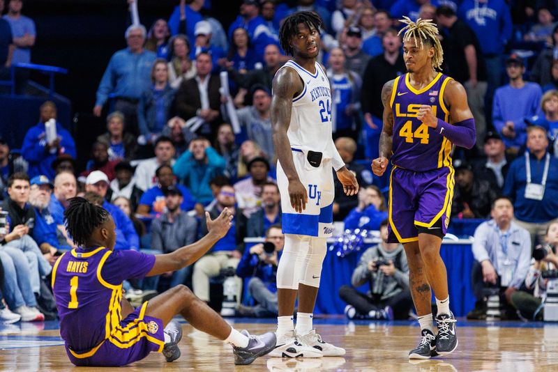 Jan 3, 2023; Lexington, Kentucky, USA; Kentucky Wildcats forward Chris Livingston (24) reacts to a foul called against him on a three point attempt by LSU Tigers guard Cam Hayes (1) near the end of the second half at Rupp Arena at Central Bank Center. Mandatory Credit: Jordan Prather-USA TODAY Sports