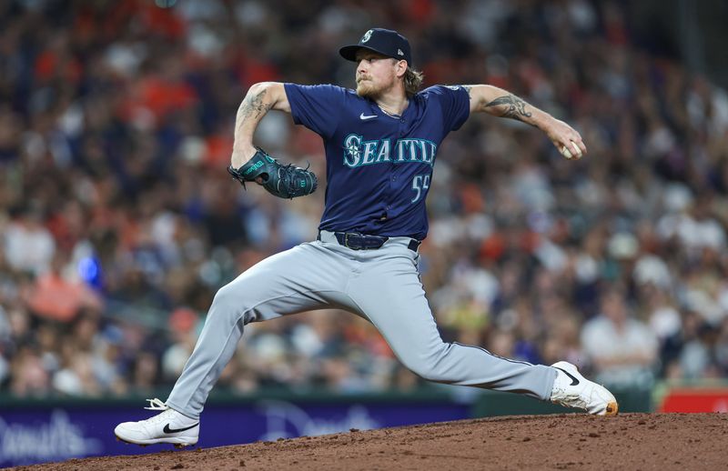 May 3, 2024; Houston, Texas, USA; Seattle Mariners relief pitcher Gabe Speier (55) delivers a pitch during the seventh inning against the Houston Astros at Minute Maid Park. Mandatory Credit: Troy Taormina-USA TODAY Sports