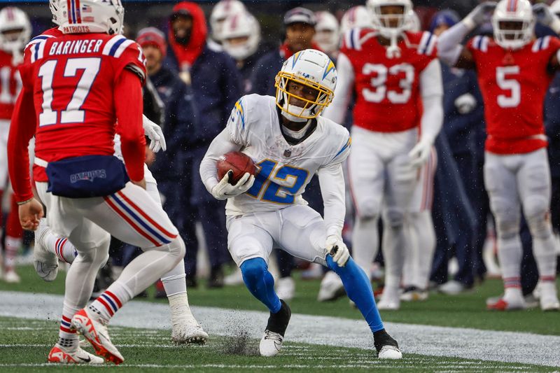 Los Angeles Chargers wide receiver Derius Davis runs after a catch against the New England Patriots during an NFL football game at Gillette Stadium, Sunday, Dec. 3, 2023 in Foxborough, Mass. (Winslow Townson/AP Images for Panini)