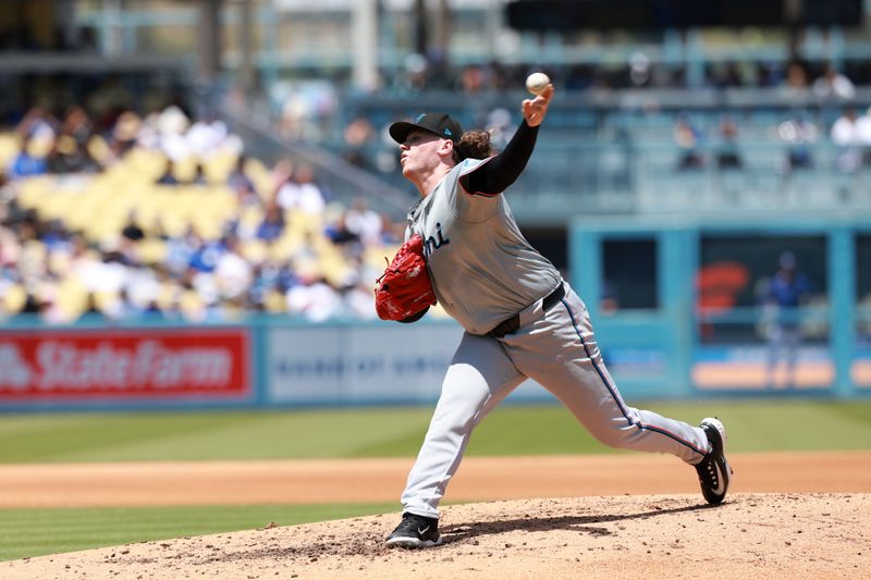 May 8, 2024; Los Angeles, California, USA;  Miami Marlins pitcher Ryan Weathers (60) pitches during the fifth inning against the Los Angeles Dodgers at Dodger Stadium. Mandatory Credit: Kiyoshi Mio-USA TODAY Sports