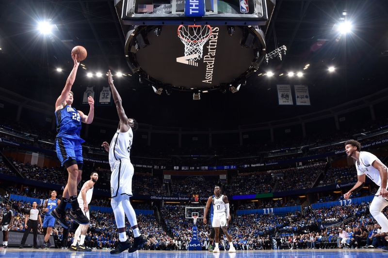 ORLANDO, FL - OCTOBER 25: Franz Wagner #22 of the Orlando Magic shoots the ball during the game against the Brooklyn Nets on October 25, 2024 at Kia Center in Orlando, Florida. NOTE TO USER: User expressly acknowledges and agrees that, by downloading and or using this photograph, User is consenting to the terms and conditions of the Getty Images License Agreement. Mandatory Copyright Notice: Copyright 2024 NBAE (Photo by Fernando Medina/NBAE via Getty Images)