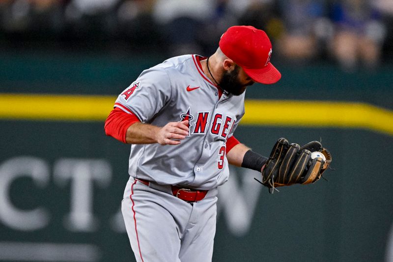 Sep 5, 2024; Arlington, Texas, USA; Los Angeles Angels second baseman Michael Stefanic (38) fields a ground ball during the game against the Texas Rangers at Globe Life Field. Mandatory Credit: Jerome Miron-Imagn Images