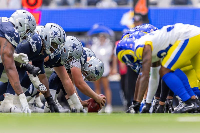 The Dallas Cowboys line up against the Los Angeles Rams in an NFL preseason football game, Sunday, Aug.11, 2024, in Inglewood, Calif. (AP Photo/Jeff Lewis)