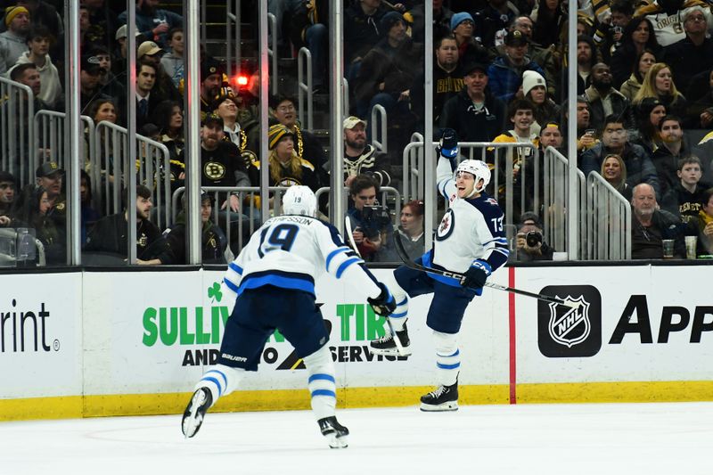 Jan 30, 2025; Boston, Massachusetts, USA; Winnipeg Jets center Parker Ford (73) reacts after scoring his first NHL goal during the third period against the Boston Bruins at TD Garden. Mandatory Credit: Bob DeChiara-Imagn Images