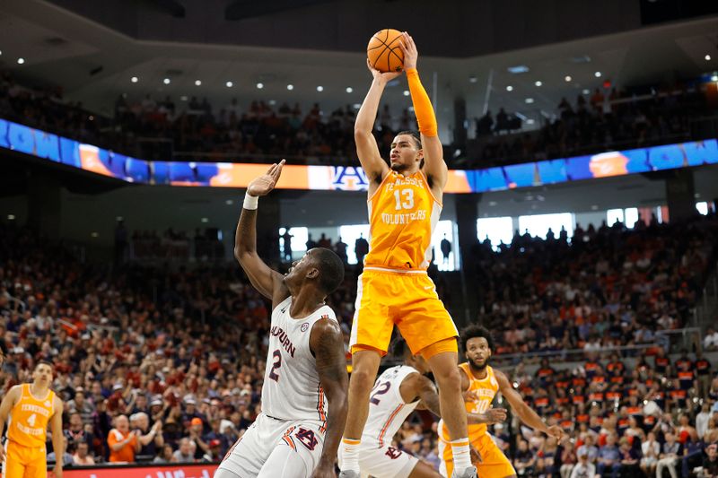 Mar 4, 2023; Auburn, Alabama, USA;  Tennessee Volunteers forward Olivier Nkamhoua (13) shoots the ball against the Auburn Tigers during the first half at Neville Arena. Mandatory Credit: John Reed-USA TODAY Sports