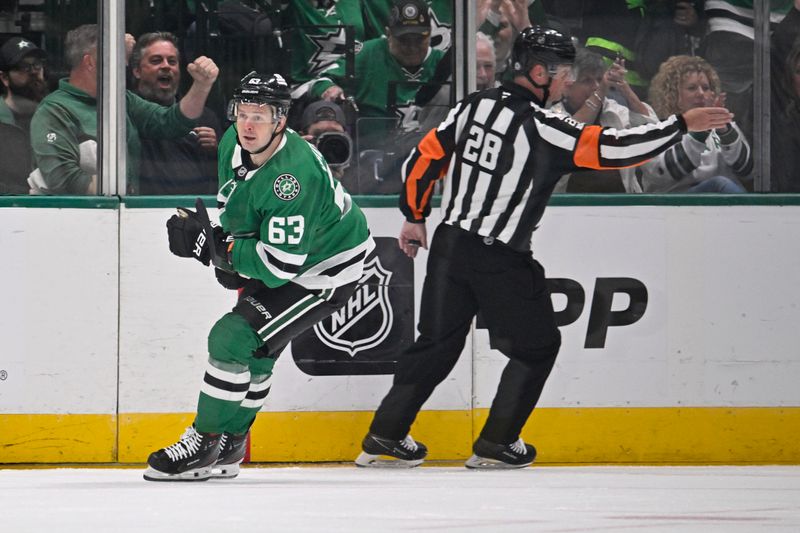 Oct 26, 2024; Dallas, Texas, USA; Dallas Stars right wing Evgenii Dadonov (63) scores a goal against the Chicago Blackhawks during the first period at the American Airlines Center. Mandatory Credit: Jerome Miron-Imagn Images