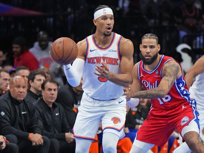 PHILADELPHIA, PA - NOVEMBER 12: Josh Hart #3 of the New York Knicks looks to pass the ball during the game against the Philadelphia 76ers during the Emirates NBA Cup game on November 12, 2024 at the Wells Fargo Center in Philadelphia, Pennsylvania NOTE TO USER: User expressly acknowledges and agrees that, by downloading and/or using this Photograph, user is consenting to the terms and conditions of the Getty Images License Agreement. Mandatory Copyright Notice: Copyright 2024 NBAE (Photo by Jesse D. Garrabrant/NBAE via Getty Images)