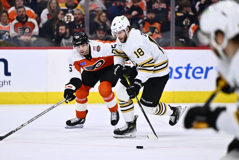 Jan 27, 2024; Philadelphia, Pennsylvania, USA; Boston Bruins center Pavel Zacha (18) controls the puck against Philadelphia Flyers center Ryan Poehling (25) in the second period at Wells Fargo Center. Mandatory Credit: Kyle Ross-USA TODAY Sports