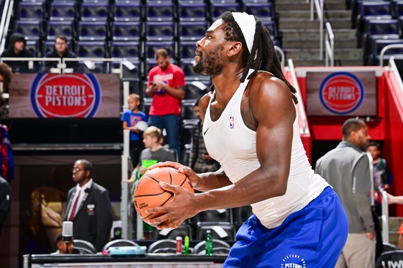 DETROIT, MI - OCTOBER 26: Isaiah Stewart #28 of the Detroit Pistons warms up before the game on October 26, 2024 at Little Caesars Arena in Detroit, Michigan. NOTE TO USER: User expressly acknowledges and agrees that, by downloading and/or using this photograph, User is consenting to the terms and conditions of the Getty Images License Agreement. Mandatory Copyright Notice: Copyright 2024 NBAE (Photo by Chris Schwegler/NBAE via Getty Images)