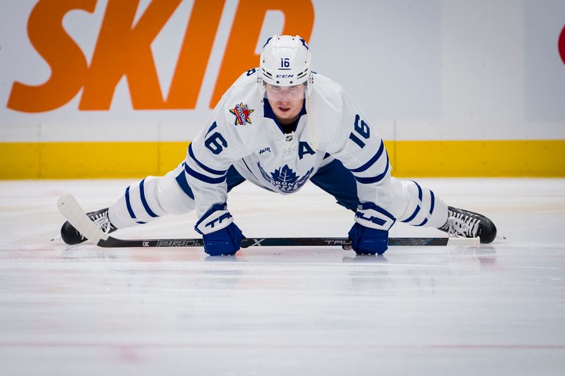 Jan 20, 2024; Vancouver, British Columbia, CAN; Toronto Maple Leafs forward Mitchell Marner (16) stretches during warm up prior to a game against the Vancouver Canucks at Rogers Arena.  Mandatory Credit: Bob Frid-USA TODAY Sports