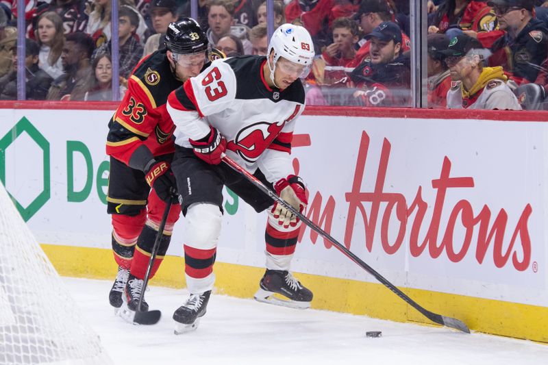 Dec 9, 2025; Ottawa, Ontario, CAN; Ottawa Senators defenseman Nikolas Martinpalo (33) battles with New Jersey Devils left wing Jesper Bratt (63) for control of the puck in the second period at the Canadian Tire Centre. Mandatory Credit: Marc DesRosiers-IMAGN Images