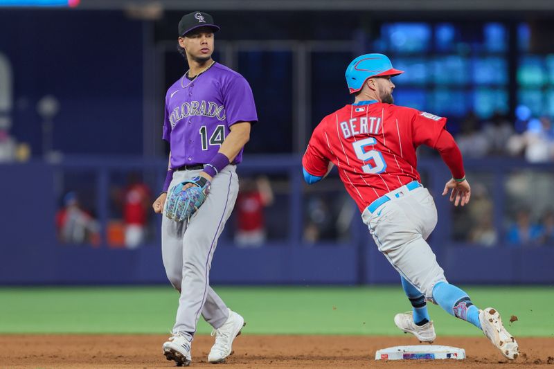 Jul 22, 2023; Miami, Florida, USA; Miami Marlins left fielder Jon Berti (5) runs past second base against the Colorado Rockies during the fifth inning at loanDepot Park. Mandatory Credit: Sam Navarro-USA TODAY Sports