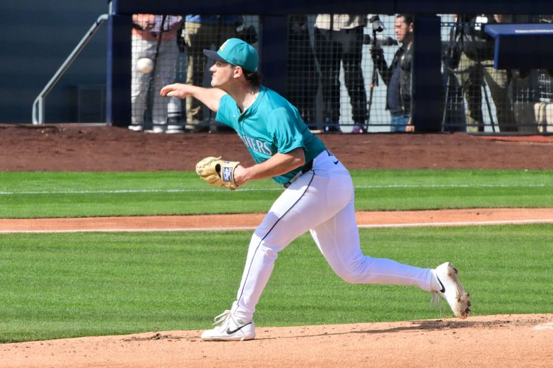 Feb 20, 2026; Peoria, Arizona, USA; Seattle Mariners second baseman Brock Rodden (90) throws in the second inning against the San Diego Padres during a Spring Training game at Peoria Sports Complex. Mandatory Credit: Matt Kartozian-Imagn Images