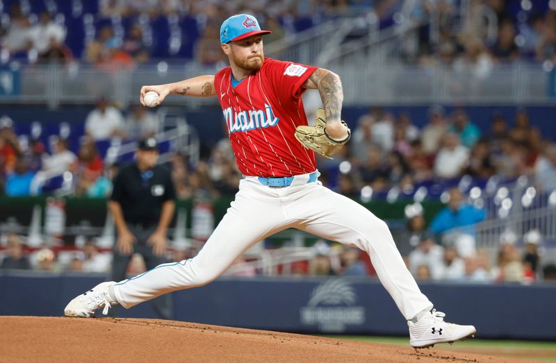 Sep 21, 2024; Miami, Florida, USA;  Miami Marlins starting pitcher Adam Oller (77) pitches against the Atlanta Braves in the first inning at loanDepot Park. Mandatory Credit: Rhona Wise-Imagn Images