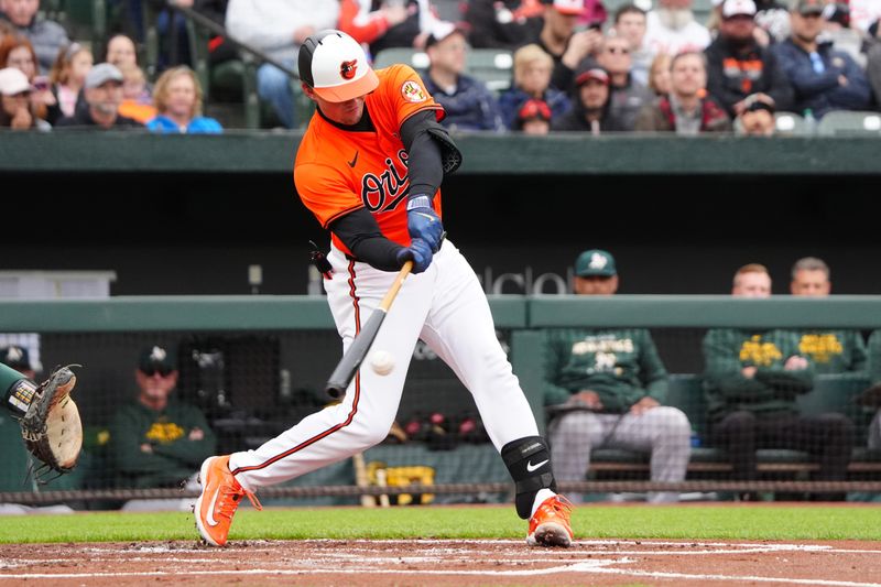 Apr 27, 2024; Baltimore, Maryland, USA; Baltimore Orioles designated hitter Adley Rutschman (35) hits a home run during the fifth inning against the Oakland Athletics at Oriole Park at Camden Yards. Mandatory Credit: Gregory Fisher-USA TODAY Sports