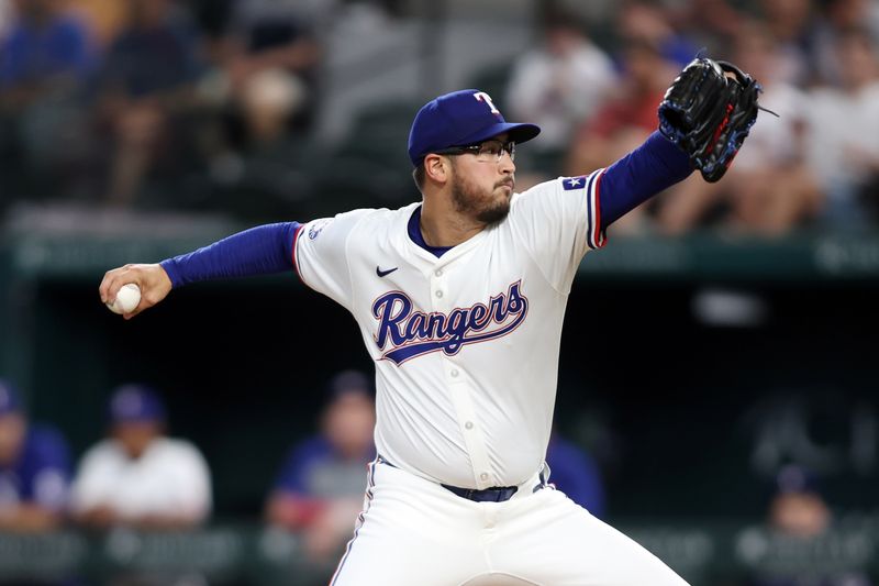 Aug 19, 2024; Arlington, Texas, USA; Texas Rangers pitcher Dane Dunning (33) throws a pitch against the Pittsburgh Pirates in the first inning at Globe Life Field. Mandatory Credit: Tim Heitman-USA TODAY Sports