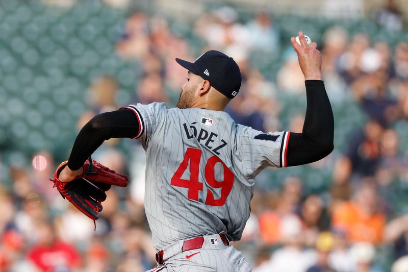 Jul 26, 2024; Detroit, Michigan, USA Minnesota Twins starting pitcher Pablo López (49) throws during the first inning of the game against the Detroit Tigers  at Comerica Park. Mandatory Credit: Brian Bradshaw Sevald-USA TODAY Sports