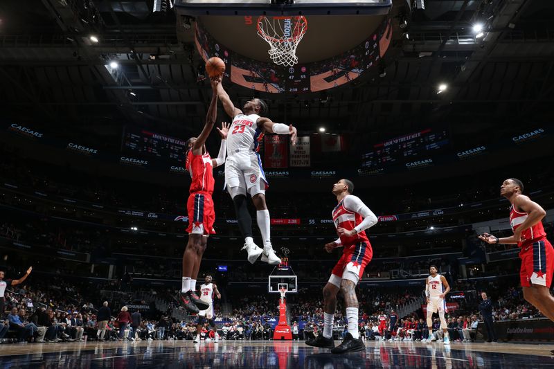 WASHINGTON, DC -? NOVEMBER 17: Jaden Ivey #23 of the Detroit Pistons rebounds the ball during the game against the Washington Wizards on November 17, 2024 at Capital One Arena in Washington, DC. NOTE TO USER: User expressly acknowledges and agrees that, by downloading and or using this Photograph, user is consenting to the terms and conditions of the Getty Images License Agreement. Mandatory Copyright Notice: Copyright 2024 NBAE (Photo by Stephen Gosling/NBAE via Getty Images)