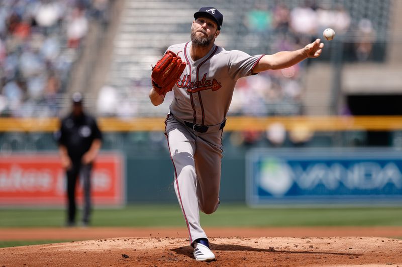 Apr 30, 2025; Denver, Colorado, USA; Atlanta Braves starting pitcher Chris Sale (51) pitches in the first inning against the Colorado Rockies at Coors Field. Mandatory Credit: Isaiah J. Downing-Imagn Images