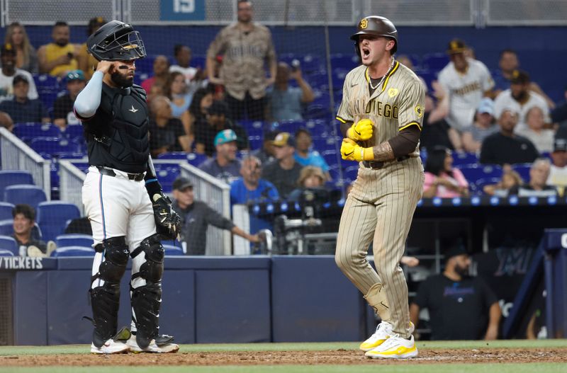 Aug 9, 2024; Miami, Florida, USA;  San Diego Padres center fielder Jackson Merrill (3) celebrates his home run in front of Miami Marlins catcher Ali Sanchez (47) in the ninth inning at loanDepot Park. Mandatory Credit: Rhona Wise-USA TODAY Sports