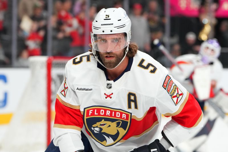Nov 10, 2025; Las Vegas, Nevada, USA; Florida Panthers defenseman Aaron Ekblad (5) warms up before a game against the Vegas Golden Knights at T-Mobile Arena. Mandatory Credit: Stephen R. Sylvanie-Imagn Images