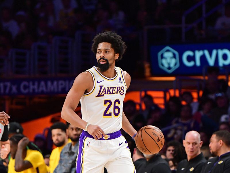 LOS ANGELES, CA - MACH 16: Spencer Dinwiddie #26 of the Los Angeles Lakers dribbles the ball during the game against the Golden State Warriors on March 16, 2024 at Crypto.Com Arena in Los Angeles, California. NOTE TO USER: User expressly acknowledges and agrees that, by downloading and/or using this Photograph, user is consenting to the terms and conditions of the Getty Images License Agreement. Mandatory Copyright Notice: Copyright 2024 NBAE (Photo by Adam Pantozzi/NBAE via Getty Images)