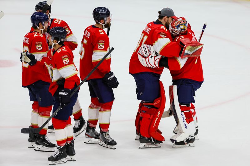 May 8, 2024; Sunrise, Florida, USA; Florida Panthers goaltender Sergei Bobrovsky (72) celebrates with goaltender Anthony Stolarz (41) after the game against the Boston Bruins in game two of the second round of the 2024 Stanley Cup Playoffs at Amerant Bank Arena. Mandatory Credit: Sam Navarro-USA TODAY Sports