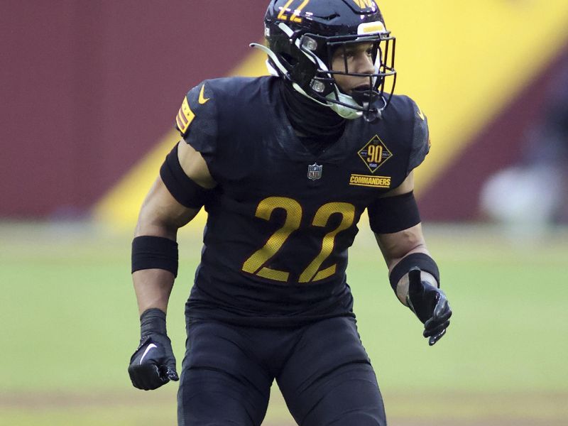 Washington Commanders safety Darrick Forrest (22) runs during an NFL football game against the Atlanta Falcons, Sunday, November 27, 2022 in Landover. (AP Photo/Daniel Kucin Jr.)