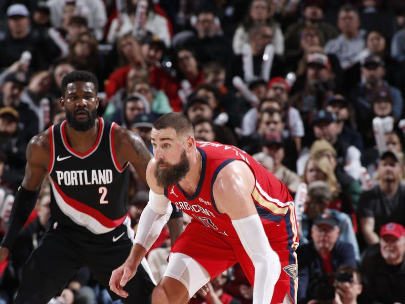 PORTLAND, OR - FEBRUARY 10: Jonas Valanciunas #17 of the New Orleans Pelicans dribbles the ball during the game against the Portland Trail Blazers on February 10, 2024 at the Moda Center Arena in Portland, Oregon. NOTE TO USER: User expressly acknowledges and agrees that, by downloading and or using this photograph, user is consenting to the terms and conditions of the Getty Images License Agreement. Mandatory Copyright Notice: Copyright 2024 NBAE (Photo by Cameron Browne/NBAE via Getty Images)