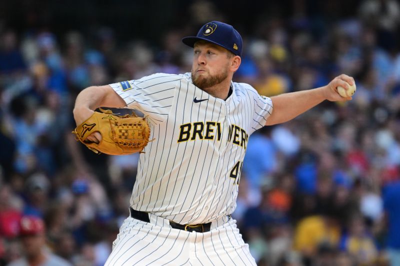 Sep 14, 2025; Milwaukee, Wisconsin, USA;  Milwaukee Brewers pitcher Jared Koenig (47) throws against the St. Louis Cardinals in the eighth inning at American Family Field. Mandatory Credit: Benny Sieu-Imagn Images