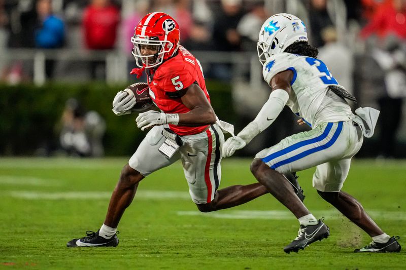 Oct 7, 2023; Athens, Georgia, USA; Georgia Bulldogs wide receiver Rara Thomas (5) runs with the ball against the Kentucky Wildcats at Sanford Stadium. Mandatory Credit: Dale Zanine-USA TODAY Sports