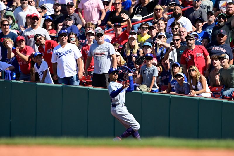 Aug 27, 2023; Boston, Massachusetts, USA; Los Angeles Dodgers second baseman Mookie Betts (50) catches a fly ball by Boston Red Sox right fielder Alex Verdugo (99) for an out during the fifth inning at Fenway Park. Mandatory Credit: Eric Canha-USA TODAY Sports