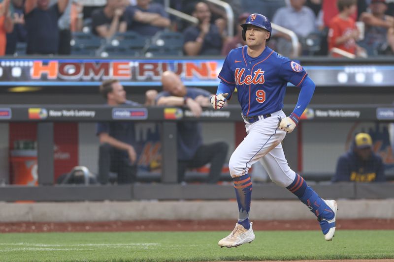 Jun 29, 2023; New York City, New York, USA; New York Mets center fielder Brandon Nimmo (9) runs the bases after his solo home run during the third inning against the Milwaukee Brewers at Citi Field. Mandatory Credit: Vincent Carchietta-USA TODAY Sports