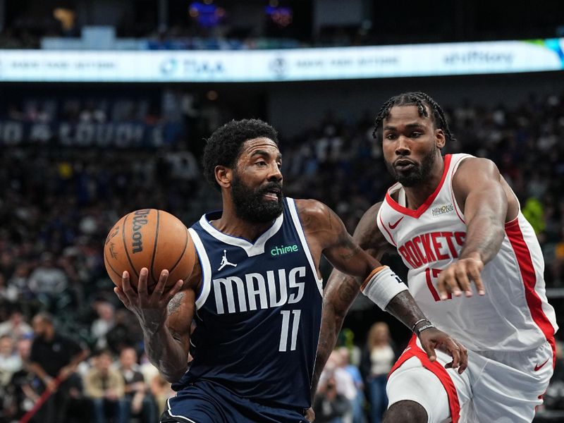 DALLAS, TX - OCTOBER 31: Kyrie Irving #11 of the Dallas Mavericks dribbles the ball during the game against the Houston Rockets on October 31, 2024 at American Airlines Center in Dallas, Texas. NOTE TO USER: User expressly acknowledges and agrees that, by downloading and or using this photograph, User is consenting to the terms and conditions of the Getty Images License Agreement. Mandatory Copyright Notice: Copyright 2024 NBAE (Photo by Glenn James/NBAE via Getty Images)