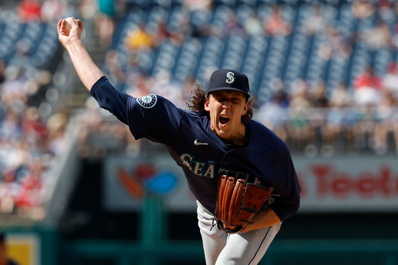 May 25, 2024; Washington, District of Columbia, USA; Seattle Mariners starting pitcher Logan Gilbert (36) pitches against the Washington Nationals during the second inning at Nationals Park. Mandatory Credit: Geoff Burke-USA TODAY Sports