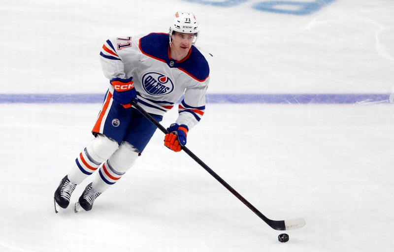 Mar 10, 2024; Pittsburgh, Pennsylvania, USA;  Edmonton Oilers center Ryan McLeod (71) warms up against the Pittsburgh Penguins at PPG Paints Arena. Mandatory Credit: Charles LeClaire-USA TODAY Sports