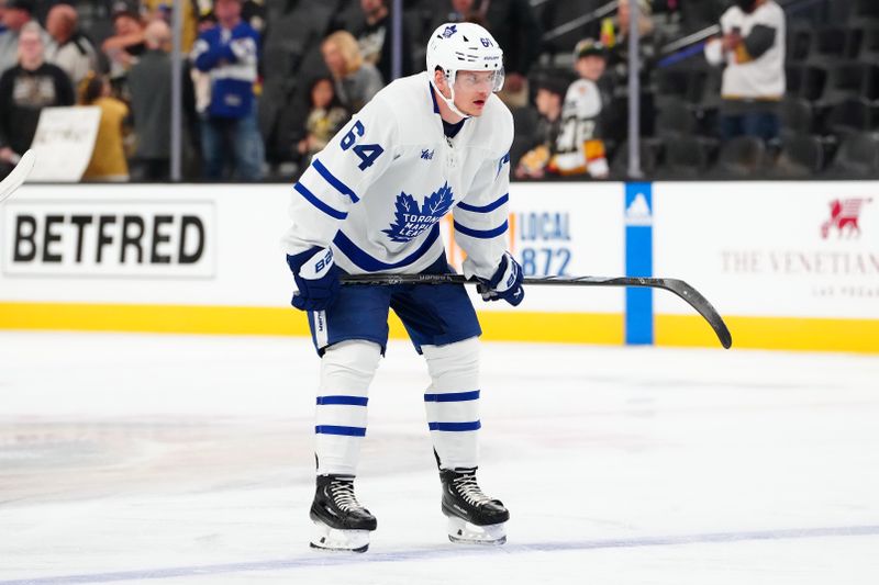 Feb 22, 2024; Las Vegas, Nevada, USA; Toronto Maple Leafs center David Kampf (64) warms up before a game against the Vegas Golden Knights at T-Mobile Arena. Mandatory Credit: Stephen R. Sylvanie-USA TODAY Sports