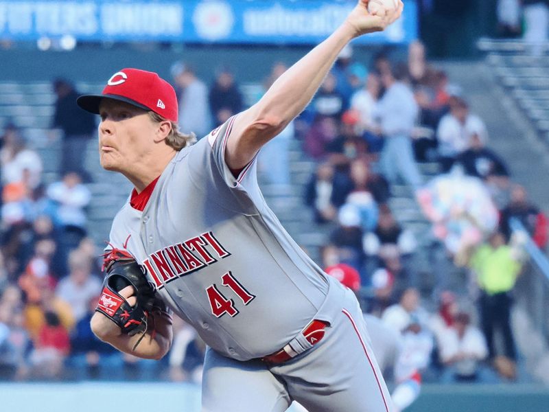 Aug 28, 2023; San Francisco, California, USA; Cincinnati Reds starting pitcher Andrew Abbott (41) pitches the ball against the San Francisco Giants during the first inning at Oracle Park. Mandatory Credit: Kelley L Cox-USA TODAY Sports