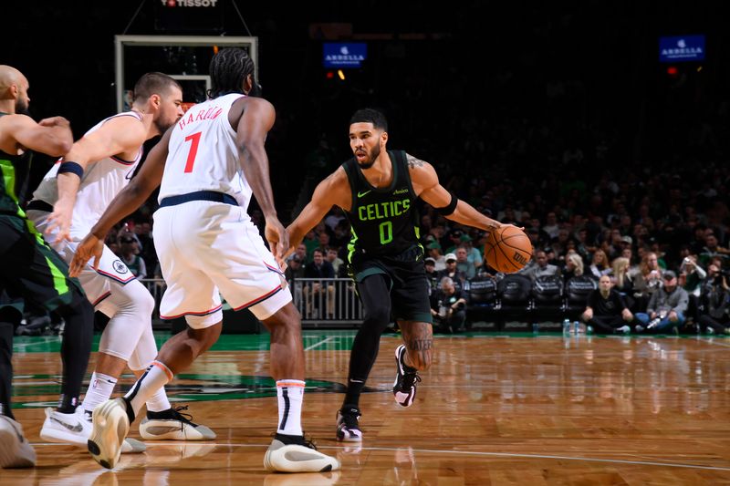 BOSTON, MA - NOVEMBER 25: Jayson Tatum #0 of the Boston Celtics handles the ball during the game against the LA Clippers on November 25, 2024 at TD Garden in Boston, Massachusetts. NOTE TO USER: User expressly acknowledges and agrees that, by downloading and/or using this Photograph, user is consenting to the terms and conditions of the Getty Images License Agreement. Mandatory Copyright Notice: Copyright 2024 NBAE (Photo by Brian Babineau/NBAE via Getty Images)