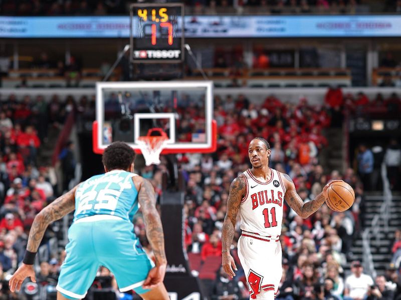 CHICAGO, IL - JANUARY 5: DeMar DeRozan #11 of the Chicago Bulls dribbles the ball during the game against the Charlotte Hornets on January 5, 2024 at United Center in Chicago, Illinois. NOTE TO USER: User expressly acknowledges and agrees that, by downloading and or using this photograph, User is consenting to the terms and conditions of the Getty Images License Agreement. Mandatory Copyright Notice: Copyright 2024 NBAE (Photo by Jeff Haynes/NBAE via Getty Images)