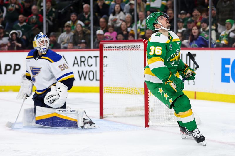 Mar 23, 2024; Saint Paul, Minnesota, USA; Minnesota Wild right wing Mats Zuccarello (36) reacts to a missed shot against the St. Louis Blues during the third period at Xcel Energy Center. Mandatory Credit: Matt Krohn-USA TODAY Sports