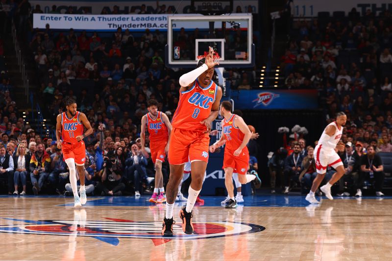 OKLAHOMA CITY, OK - FEBRUARY 27: Jalen Williams #8 of the Oklahoma City Thunder celebrates during the game against the Houston Rockets on February, 2024 at Paycom Arena in Oklahoma City, Oklahoma. NOTE TO USER: User expressly acknowledges and agrees that, by downloading and or using this photograph, User is consenting to the terms and conditions of the Getty Images License Agreement. Mandatory Copyright Notice: Copyright 2024 NBAE (Photo by Zach Beeker/NBAE via Getty Images)