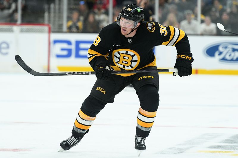 Sep 21, 2025; Boston, Massachusetts, USA; Boston Bruins center Patrick Brown (38) skates at center ice during the third period against the Washington Capitals at TD Garden. Mandatory Credit: Bob DeChiara-Imagn Images