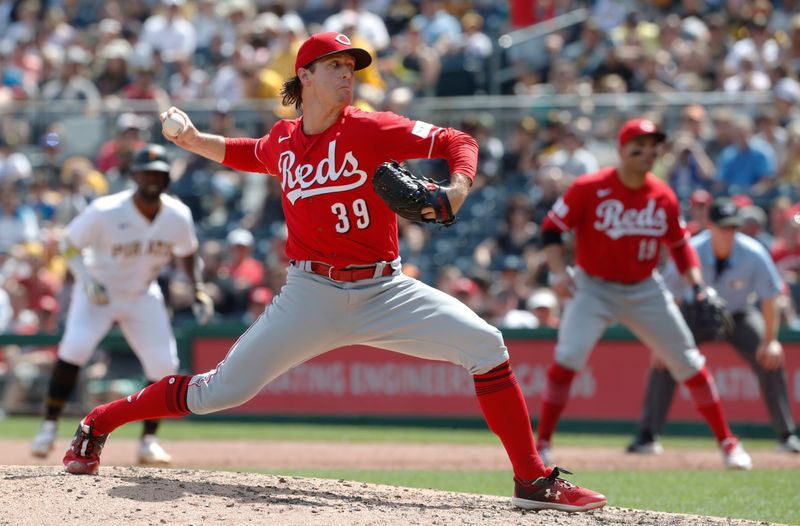 Aug 13, 2023; Pittsburgh, Pennsylvania, USA; Cincinnati Reds relief pitcher Lucas Sims (39) pitches against the Pittsburgh Pirates during the sixth inning at PNC Park. Mandatory Credit: Charles LeClaire-USA TODAY Sports