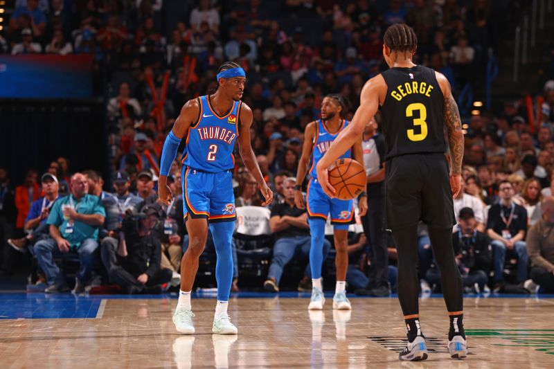 OKLAHOMA CITY, OK - MARCH 20:  Shai Gilgeous-Alexander #2 of the Oklahoma City Thunder plays defense during the game against the Utah Jazz on March 20, 2024 at Paycom Arena in Oklahoma City, Oklahoma. NOTE TO USER: User expressly acknowledges and agrees that, by downloading and or using this photograph, User is consenting to the terms and conditions of the Getty Images License Agreement. Mandatory Copyright Notice: Copyright 2024 NBAE (Photo by Zach Beeker/NBAE via Getty Images)