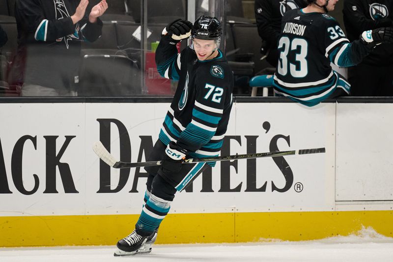 Mar 21, 2024; San Jose, California, USA; San Jose Sharks left wing William Eklund (72) reacts after scoring a goal against the Tampa Bay Lightning during the first period at SAP Center at San Jose. Mandatory Credit: Robert Edwards-USA TODAY Sports