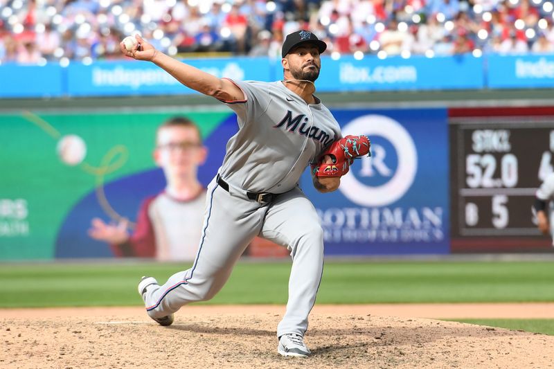 Apr 20, 2025; Philadelphia, Pennsylvania, USA; Miami Marlins pitcher Jesus Tinoco (38) throws a pitch during the tenth inning against the Philadelphia Phillies at Citizens Bank Park. Mandatory Credit: Eric Hartline-Imagn Images