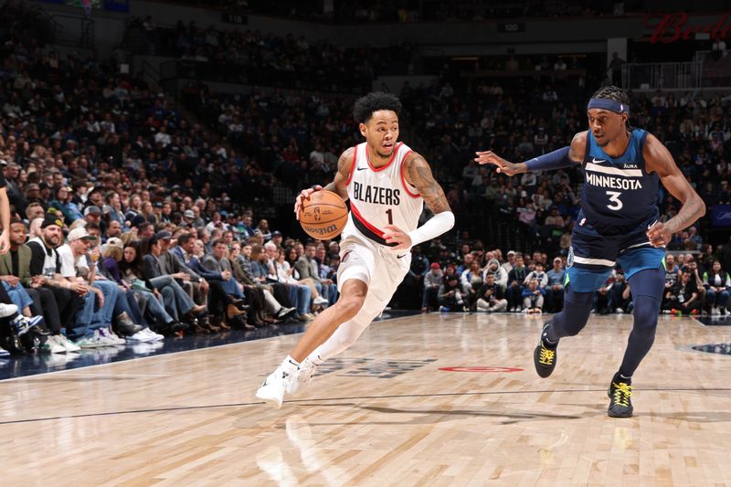 MINNEAPOLIS, MN -  MARCH 4: Anfernee Simons #1 of the Portland Trail Blazers dribbles the ball during the game against the Minnesota Timberwolves on March 4, 2024 at Target Center in Minneapolis, Minnesota. NOTE TO USER: User expressly acknowledges and agrees that, by downloading and or using this Photograph, user is consenting to the terms and conditions of the Getty Images License Agreement. Mandatory Copyright Notice: Copyright 2024 NBAE (Photo by David Sherman/NBAE via Getty Images)